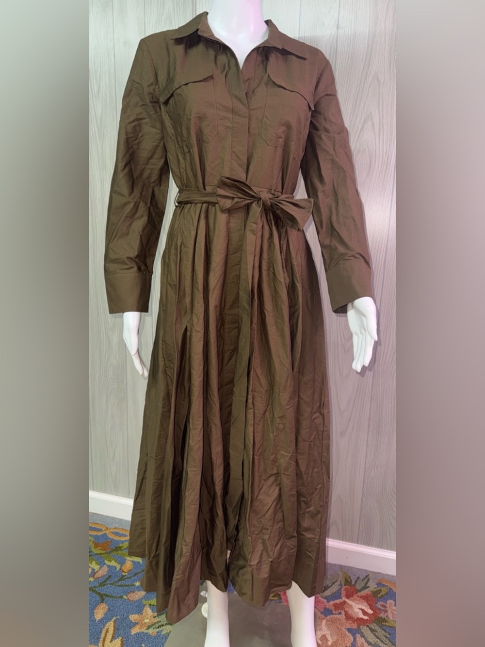 Zara Brown Long-Sleeve Tie-Waist Maxi Shirt Dress